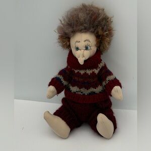 Handcrafted Plush Doll with Knitted Burgundy Sweater